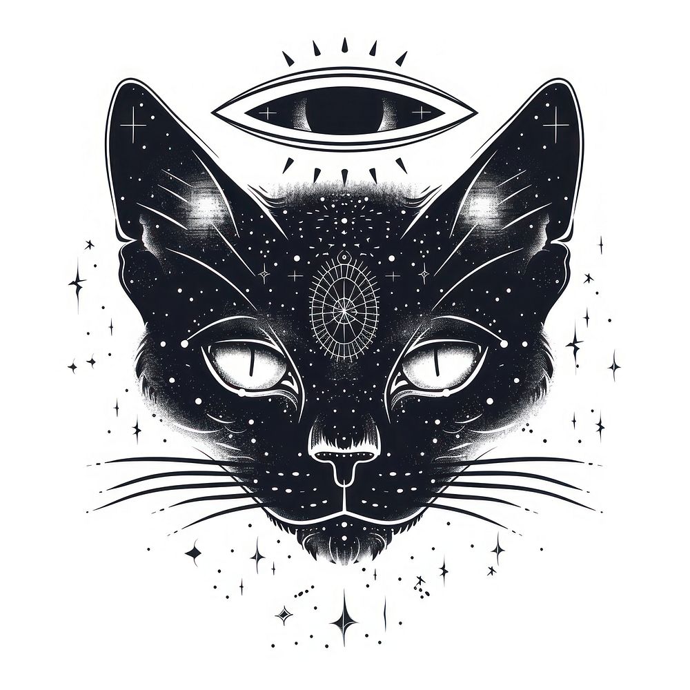 Surreal aesthetic Black cat logo art illustrated drawing.