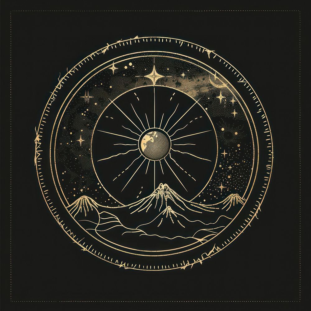 Surreal aesthetic Earth logo blackboard sundial emblem.