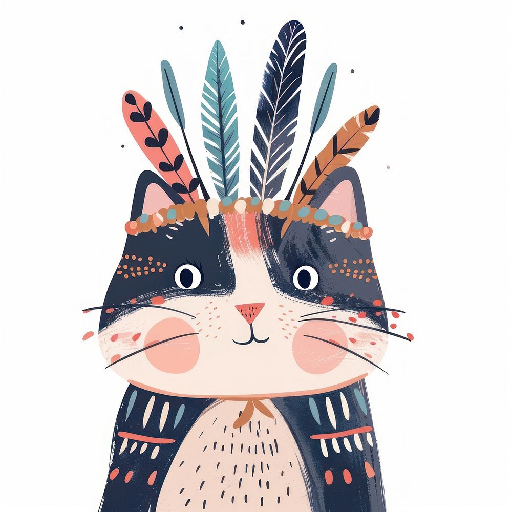 Aesthetic cat in boho art illustrated drawing.