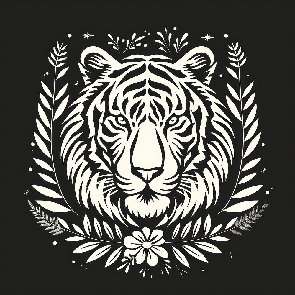Boho aesthetic white tiger logo stencil emblem symbol.