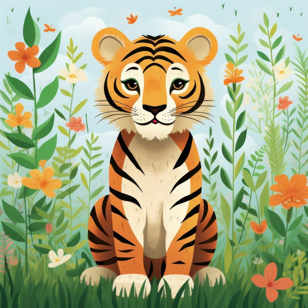 Tiger vegetation wildlife painting.