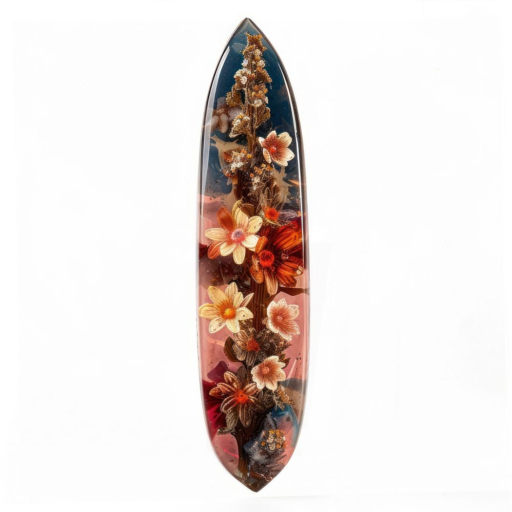 Flower resin dagger shaped recreation surfboard outdoors.