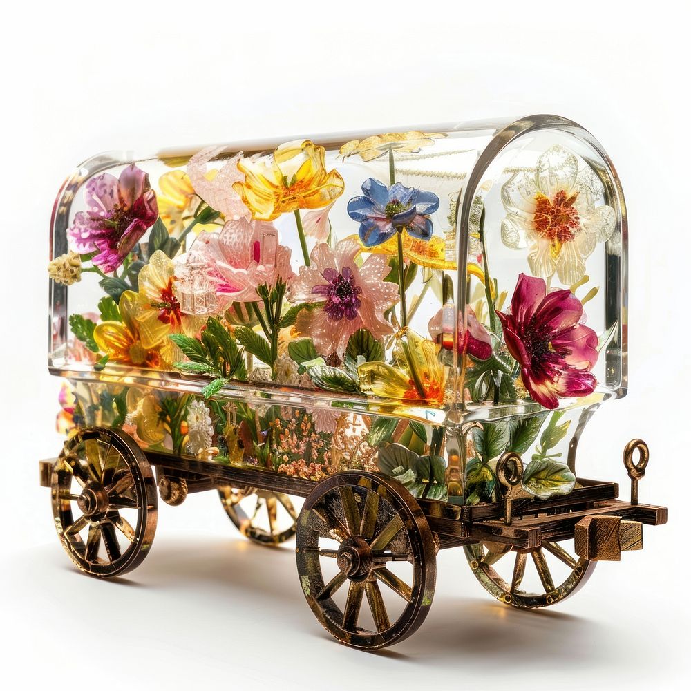 Flower resin wagon shaped transportation vehicle machine.