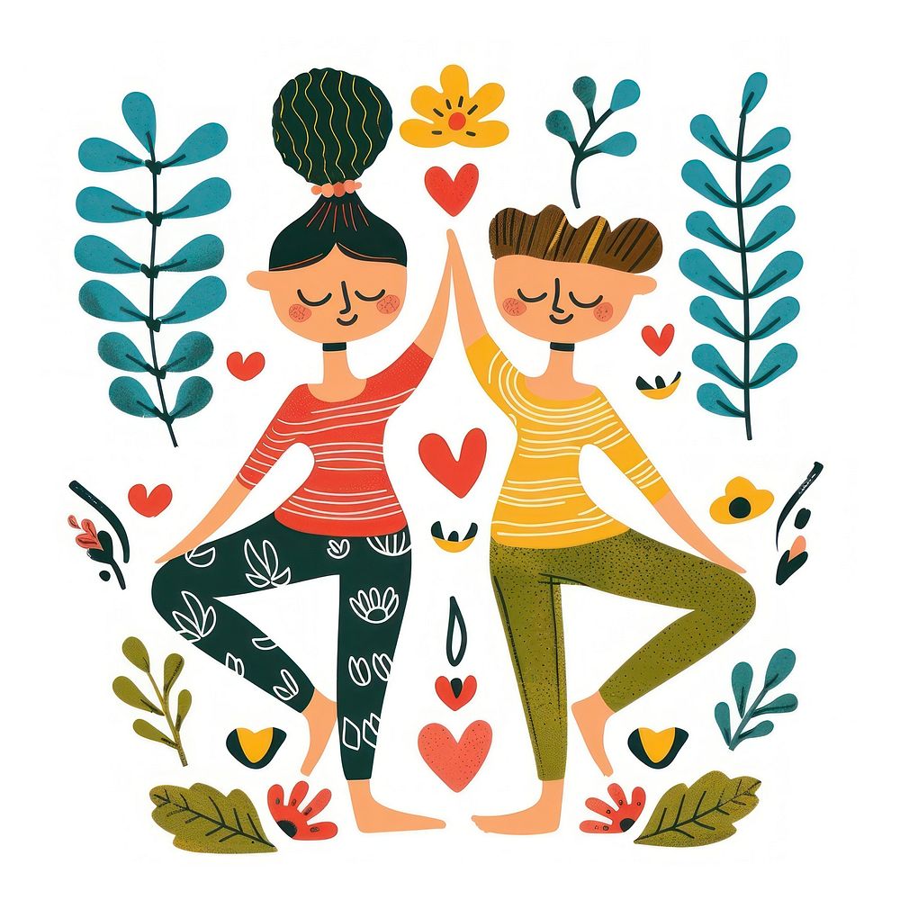 Couples yoga boho naive funky art illustrated graphics.