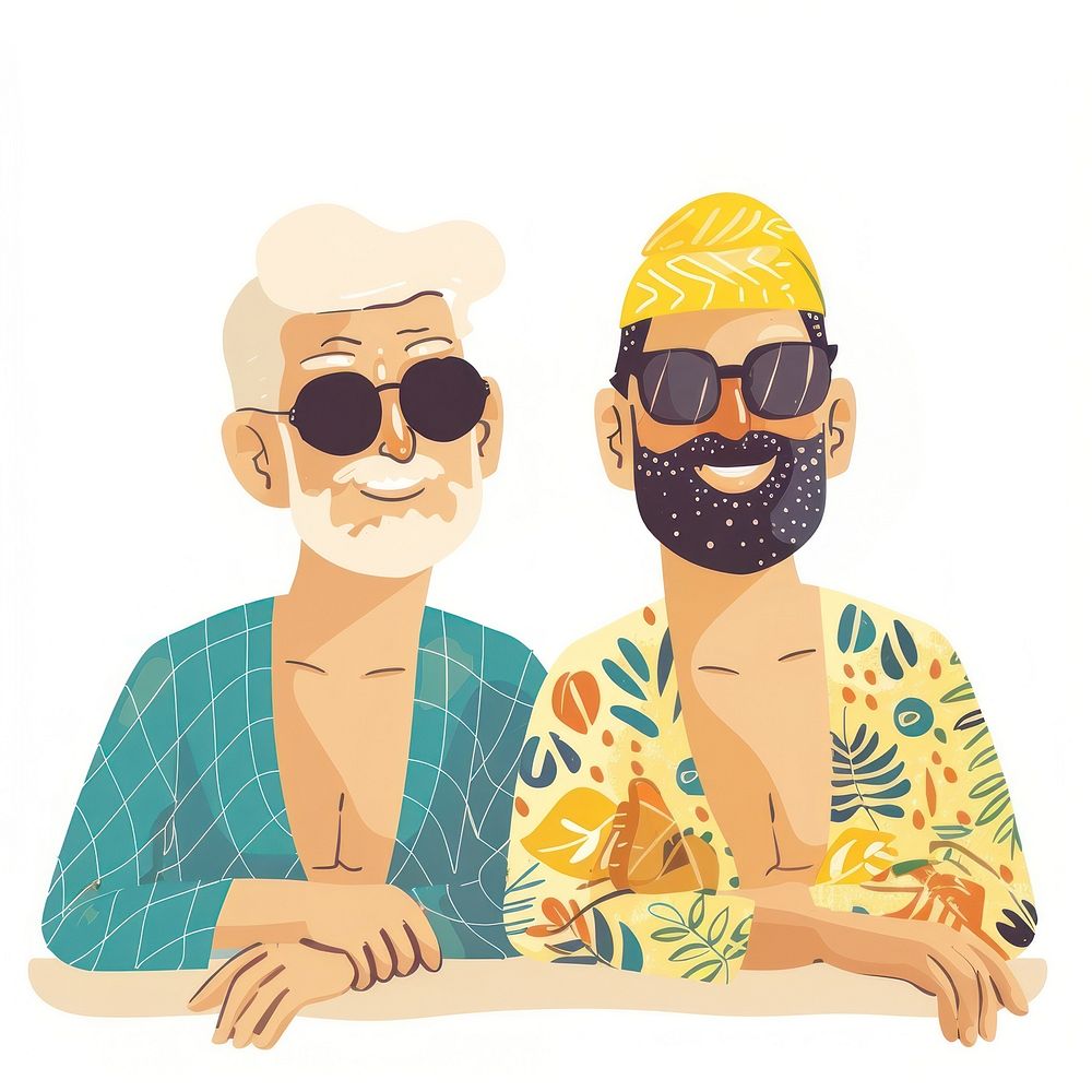 Seniors men spa boho naive funky art accessories illustrated.