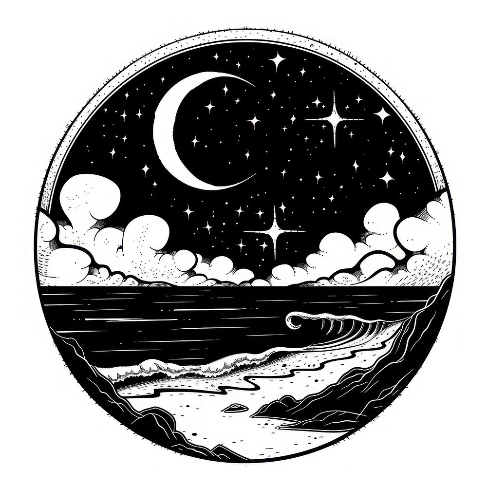 Surreal aesthetic beach logo art publication astronomy.