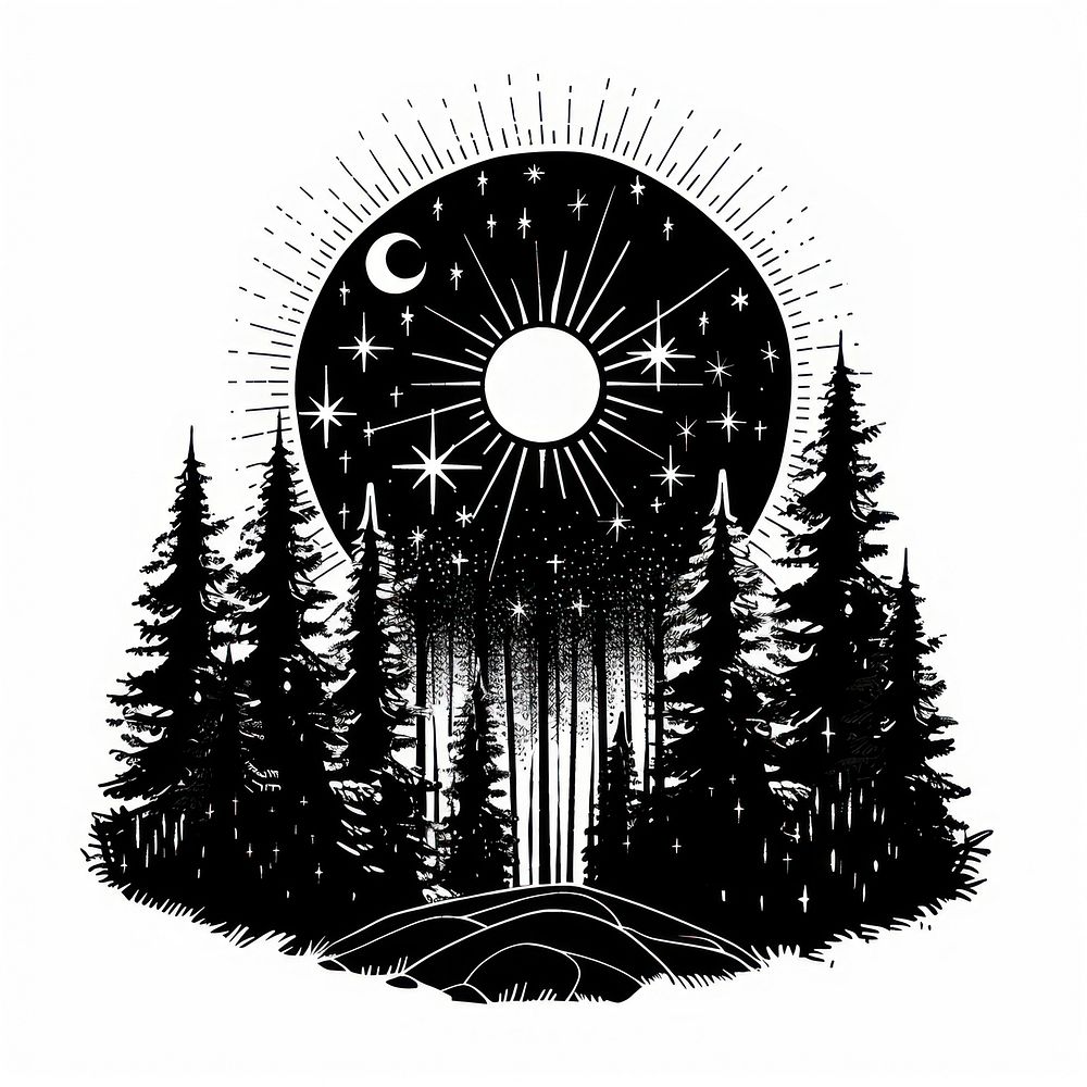 Surreal aesthetic forest logo art illustrated drawing.