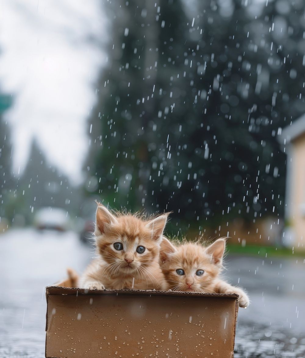 Kittens in cardboard box outdoors bathing animal.
