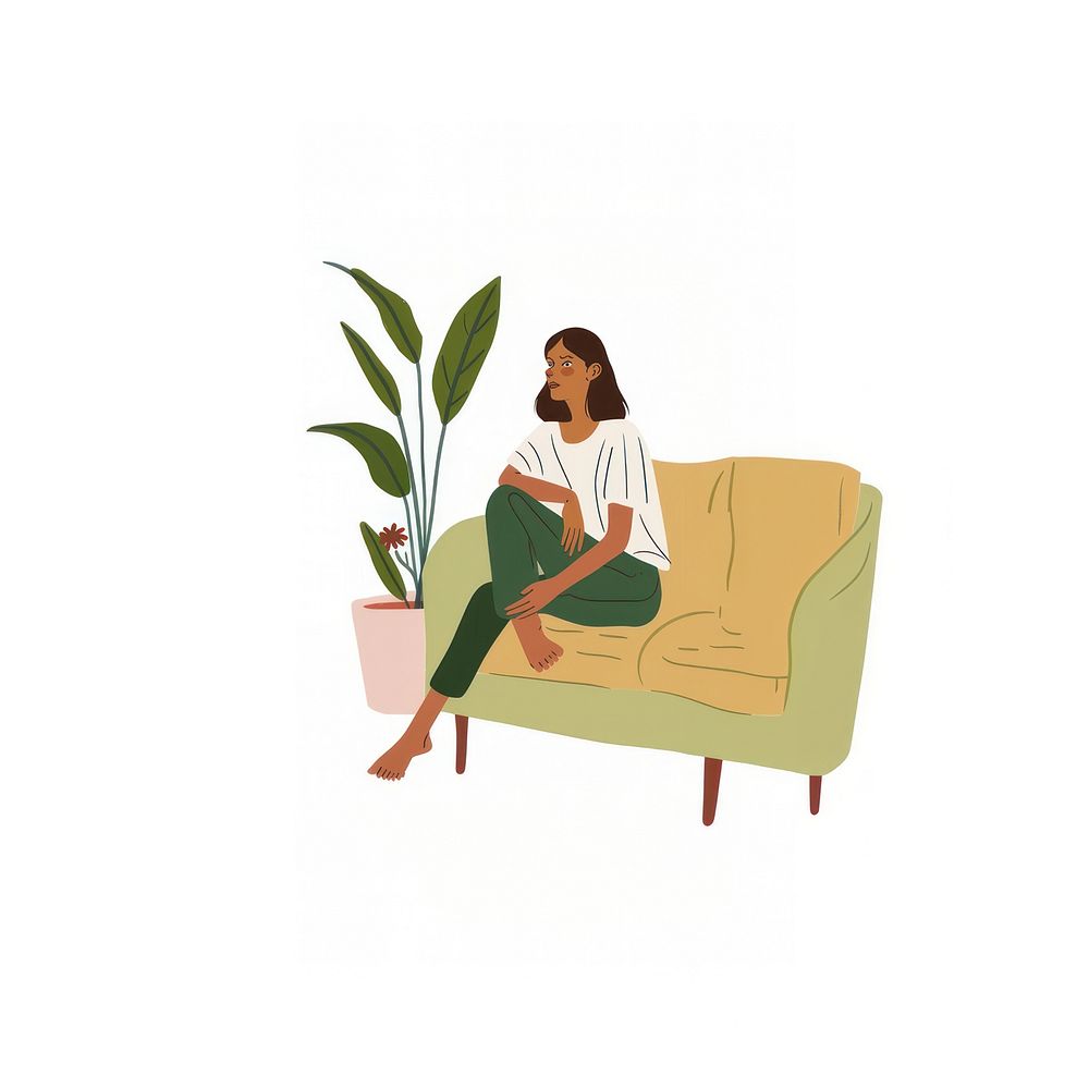 Woman sitting on sofa person furniture pottery.