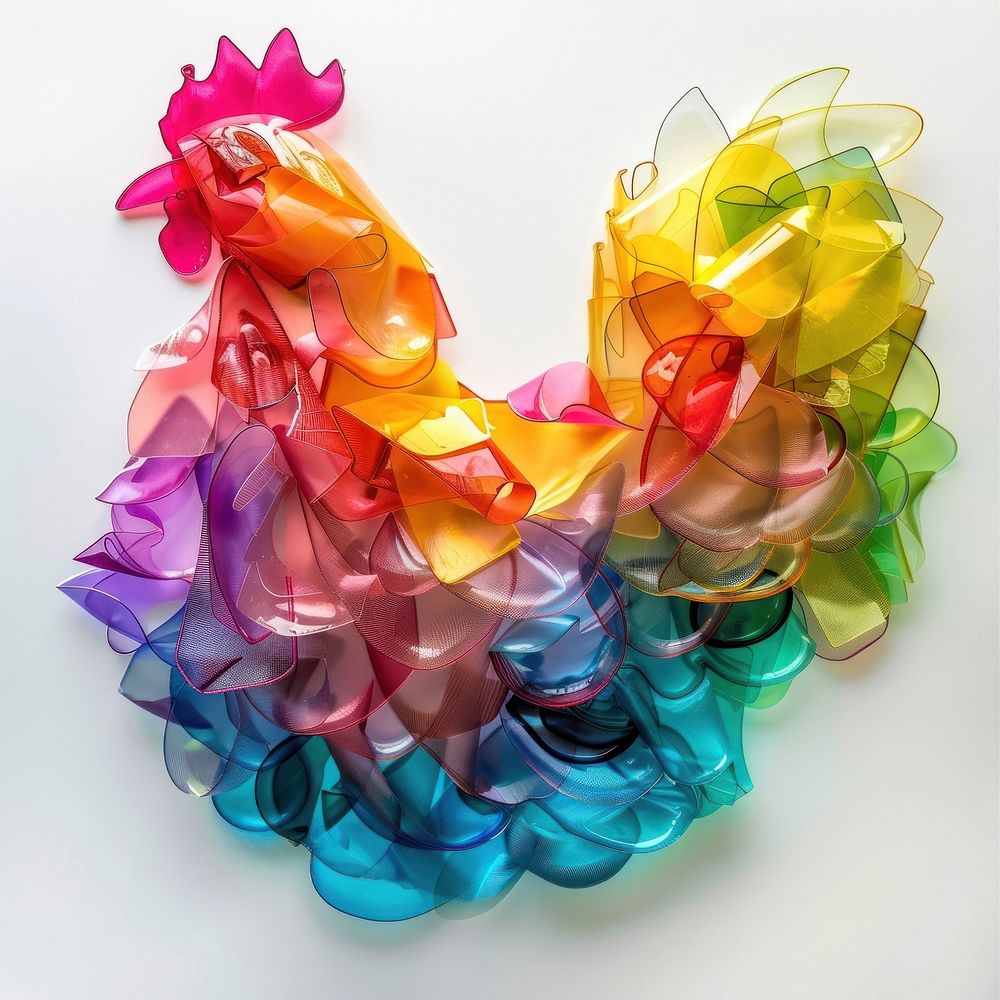 Chicken made from polyethylene plastic chandelier balloon.