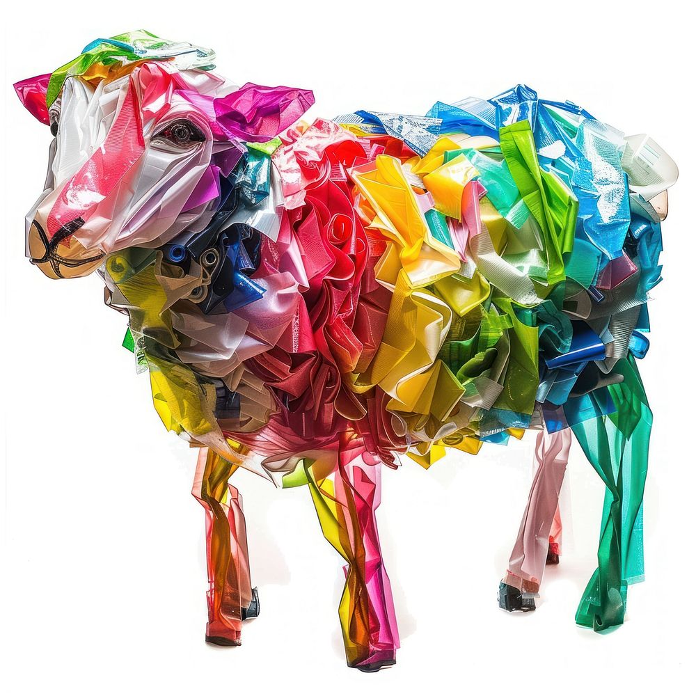 Sheep made from polyethylene plastic clothing apparel.