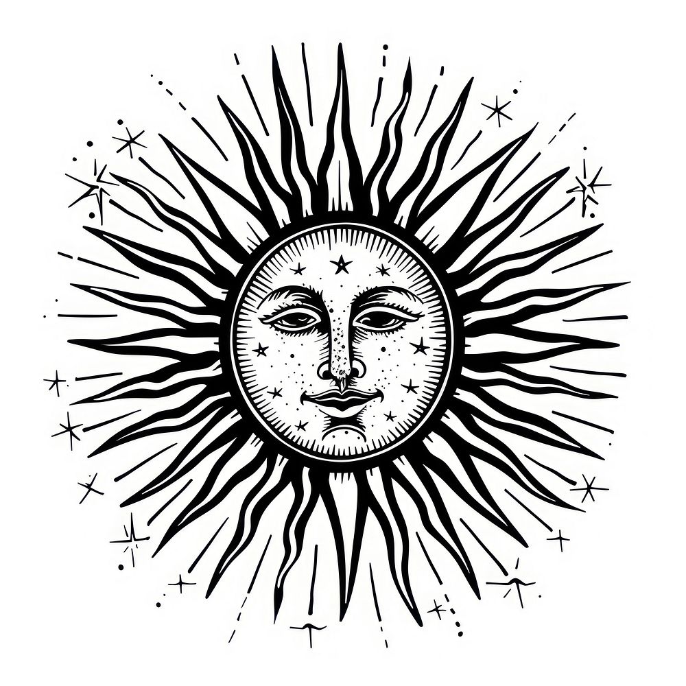 Surreal aesthetic antique sun logo art illustrated drawing.