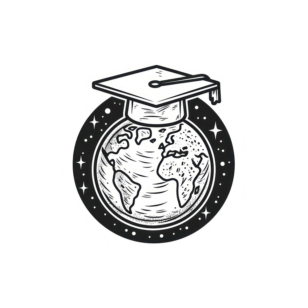 Surreal aesthetic earth planet with graduation cap logo people person human.