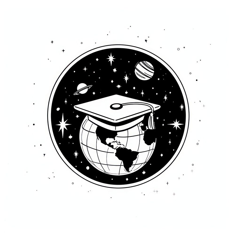 Surreal aesthetic earth planet with graduation cap logo astronomy universe people.