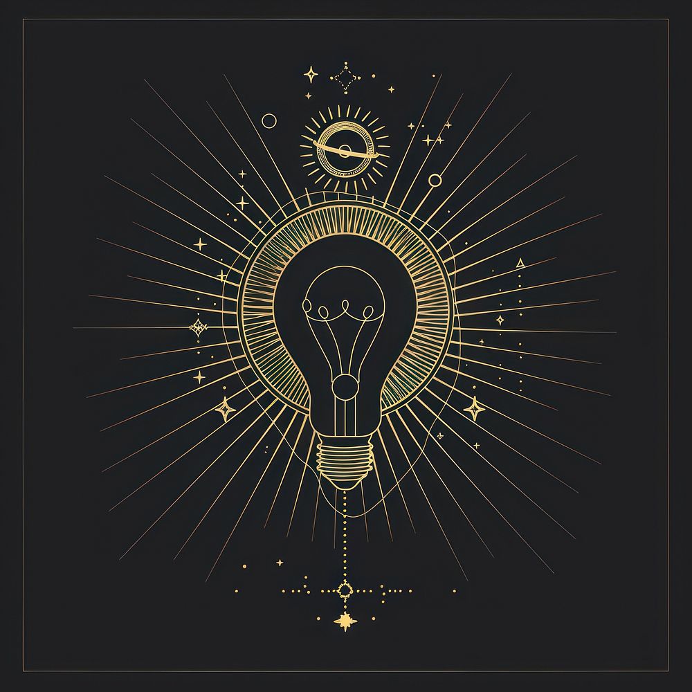 Surreal aesthetic light bulb logo advertisement blackboard chandelier.