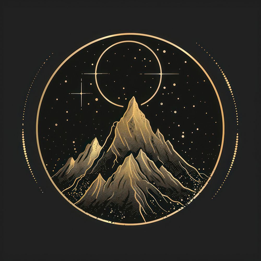 Surreal aesthetic mountain logo symbol flame disk.