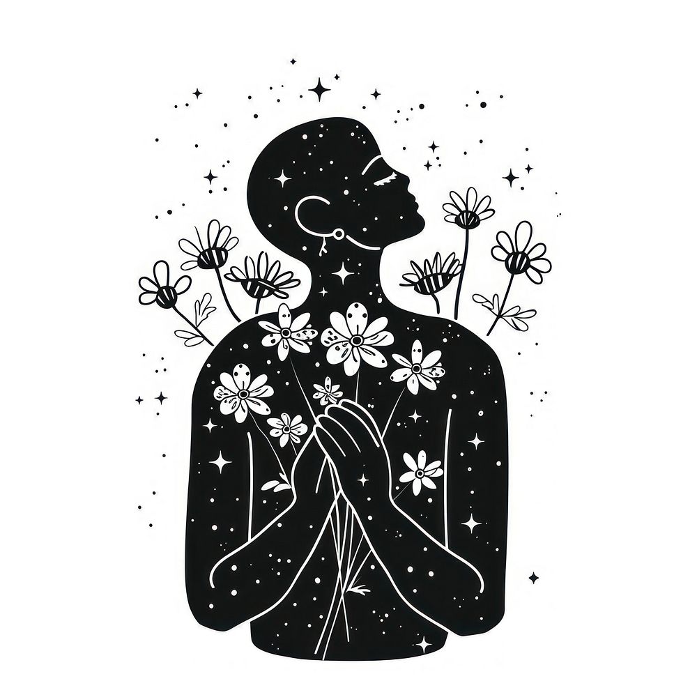 Surreal aesthetic person holding flowers logo art illustrated graphics.