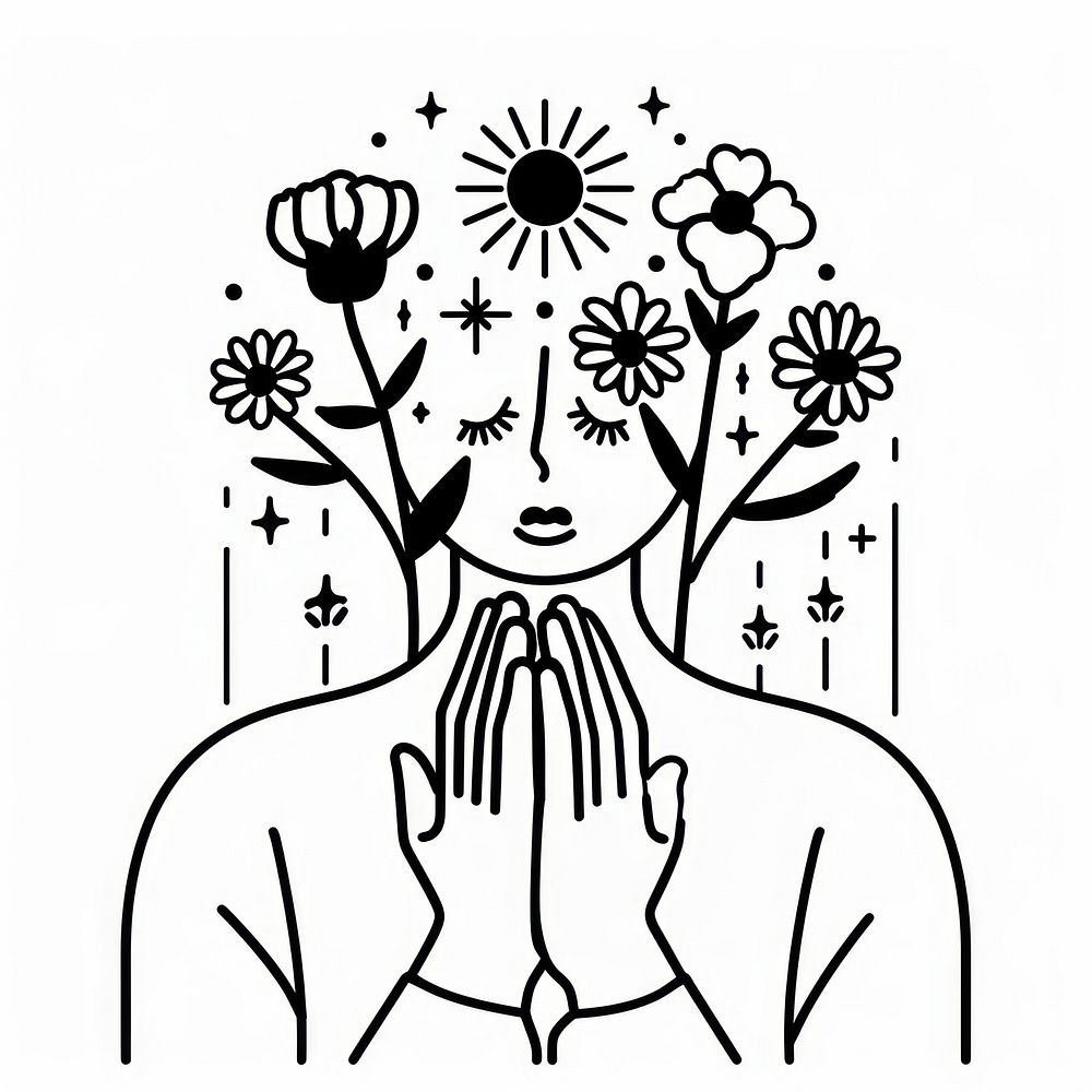 Surreal aesthetic person holding flowers logo art illustrated drawing.