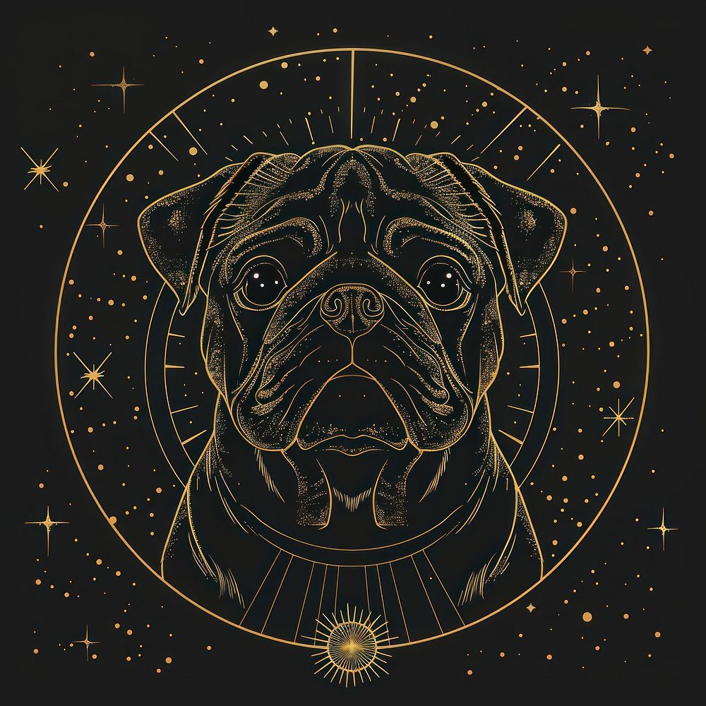 Surreal aesthetic pug logo blackboard animal canine.