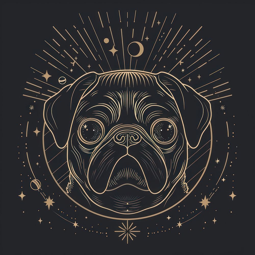 Surreal aesthetic pug logo art blackboard emblem.