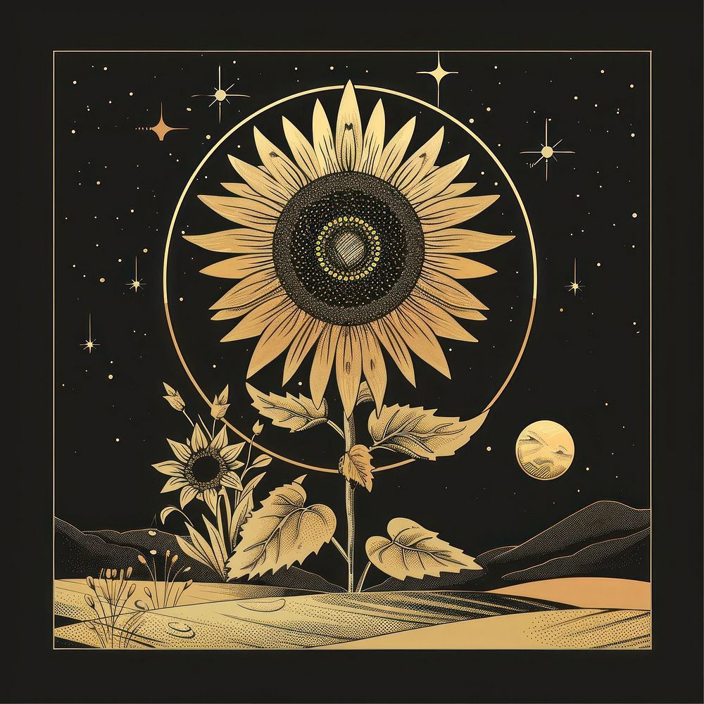 Surreal aesthetic sunflower field logo art blackboard painting.
