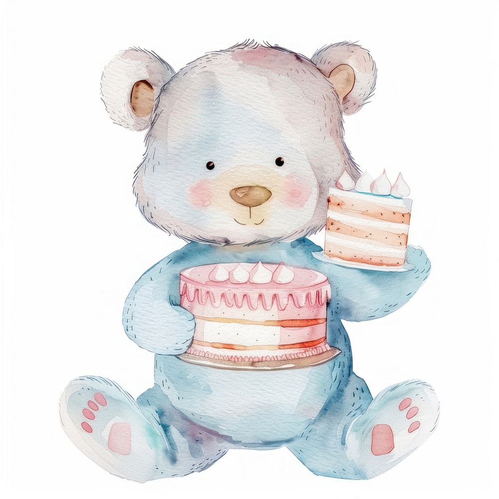 Baby bear with cake outdoors snowman nature.