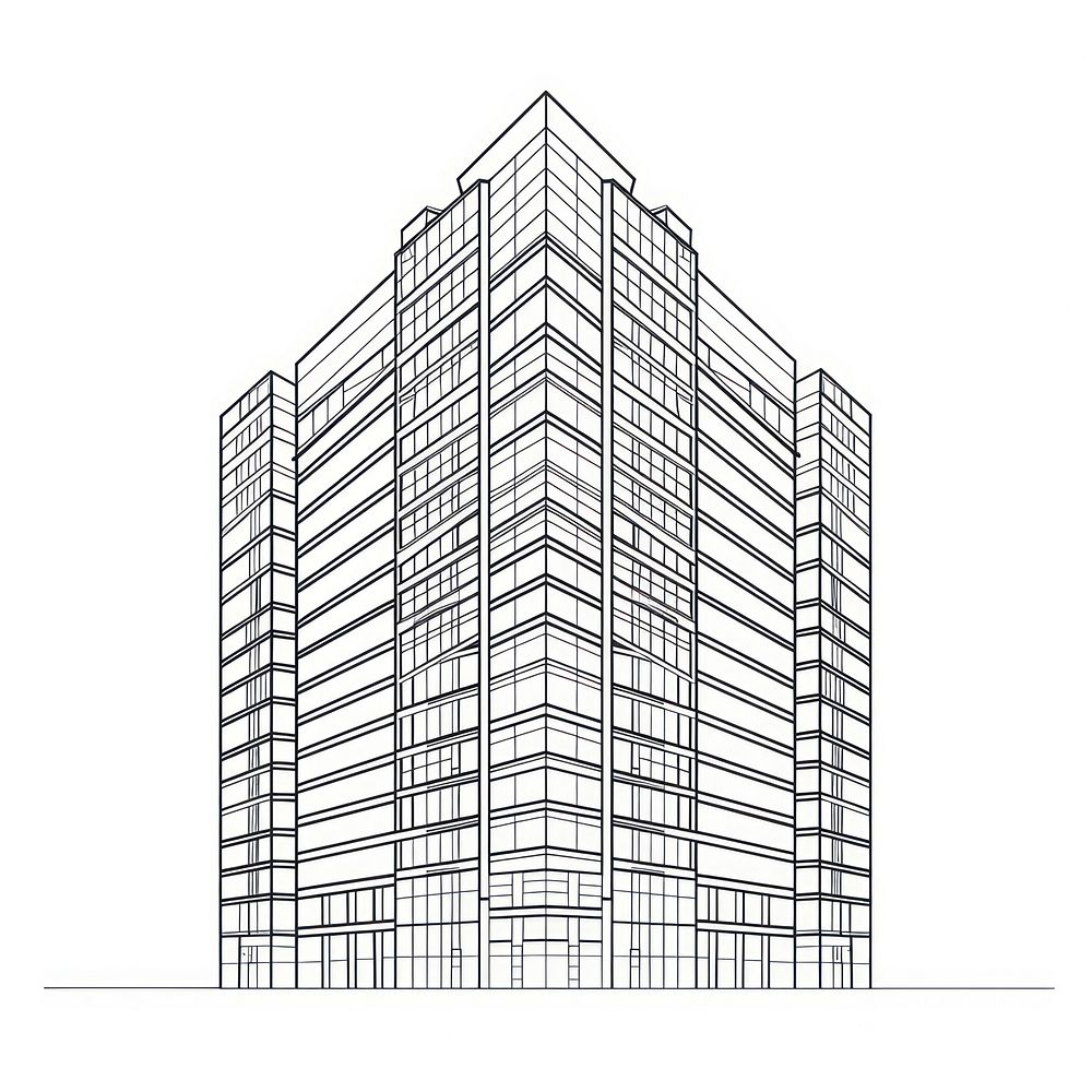 Minimalist symmetrical office building architecture illustrated drawing.