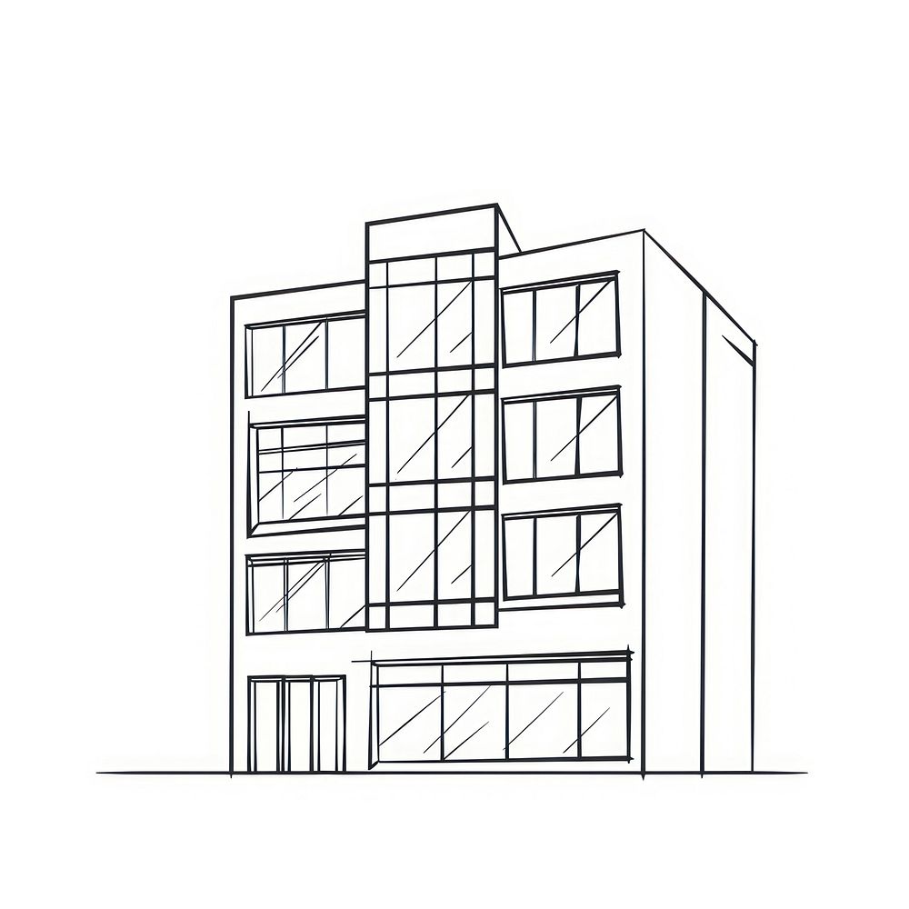 Minimalist symmetrical office building illustrated drawing diagram.