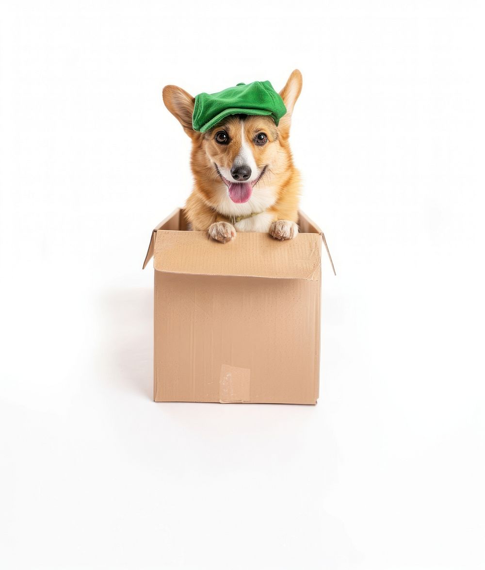 Corgi dog deliveryman cardboard clothing apparel.