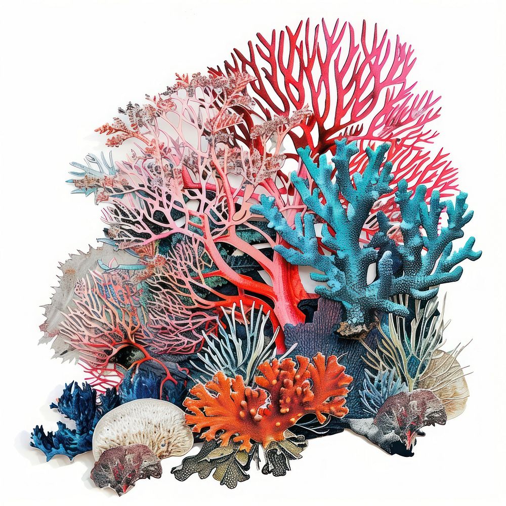Turquoise coral collage cutouts invertebrate chandelier outdoors.
