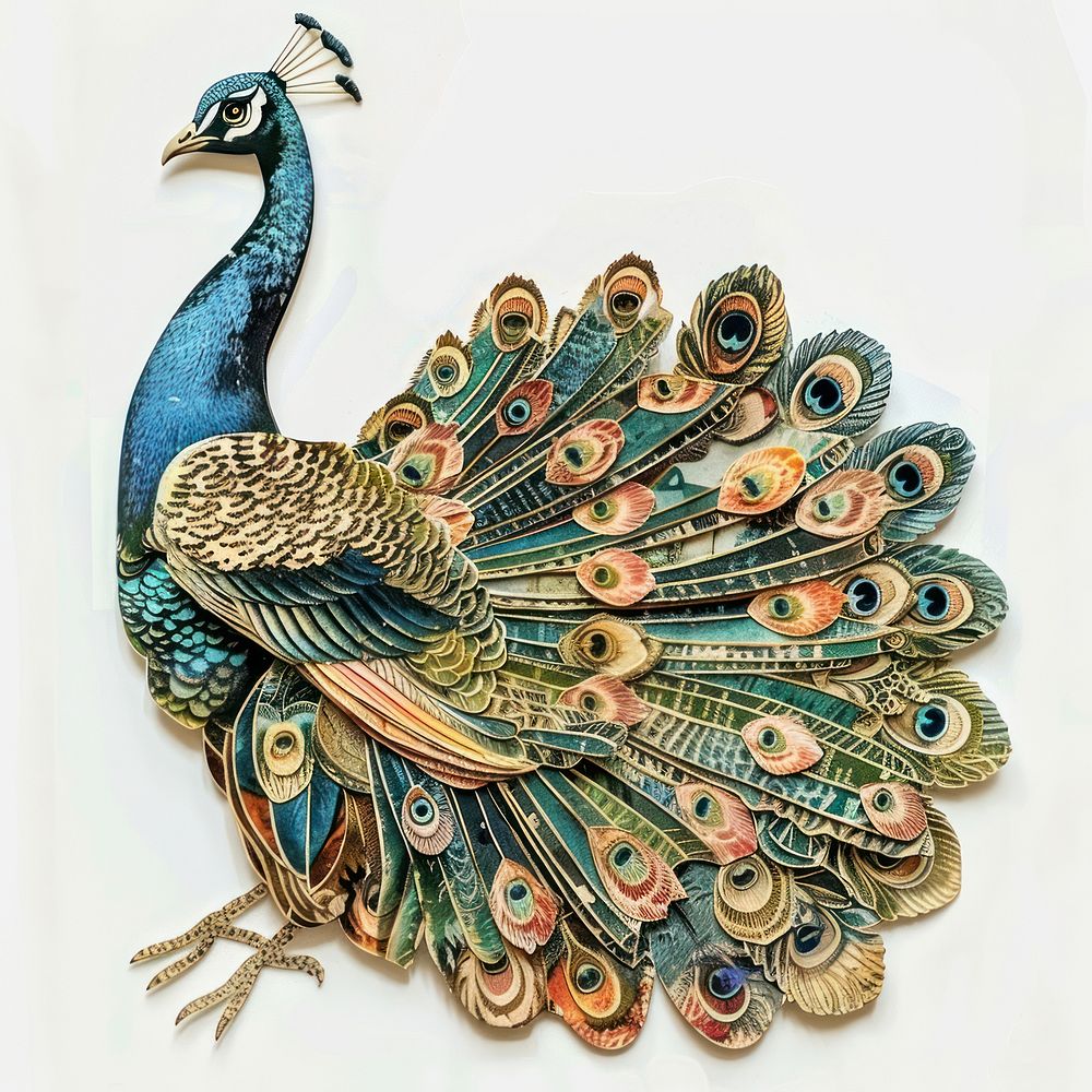 Peacock collage cutouts animal bird art.