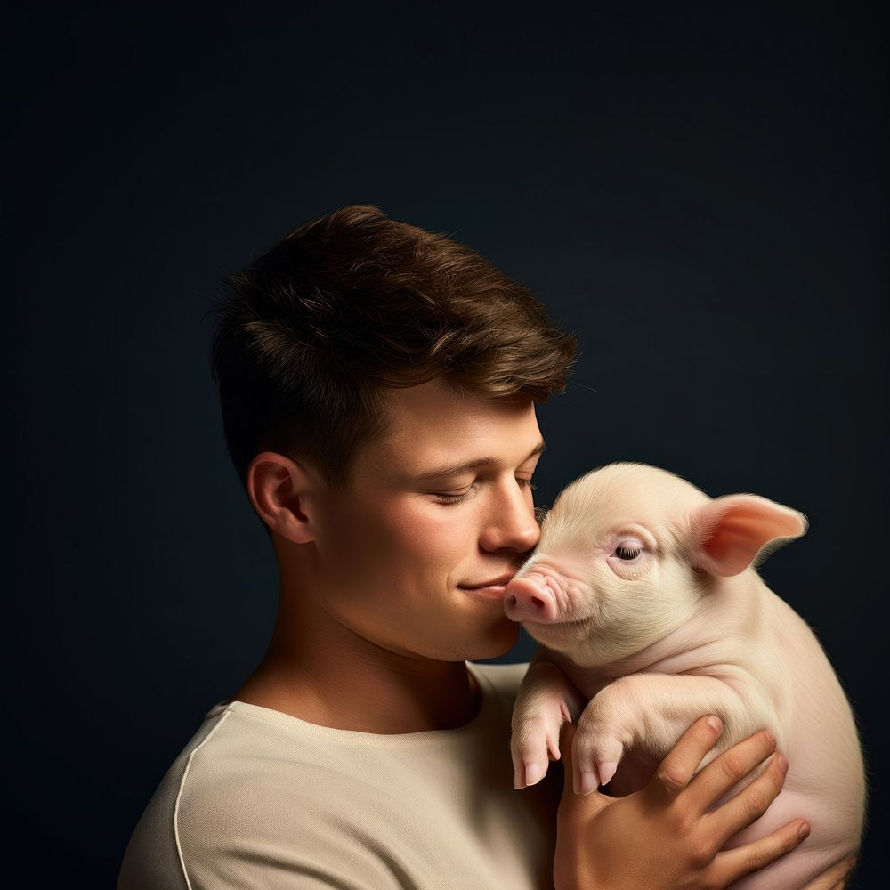 Man hugging piggy person photo photography.