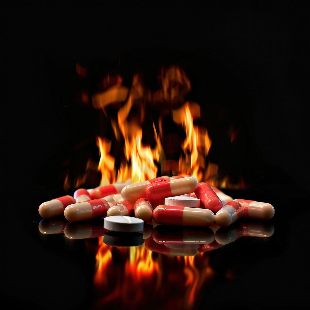 Photo of pills fire medication fireplace.