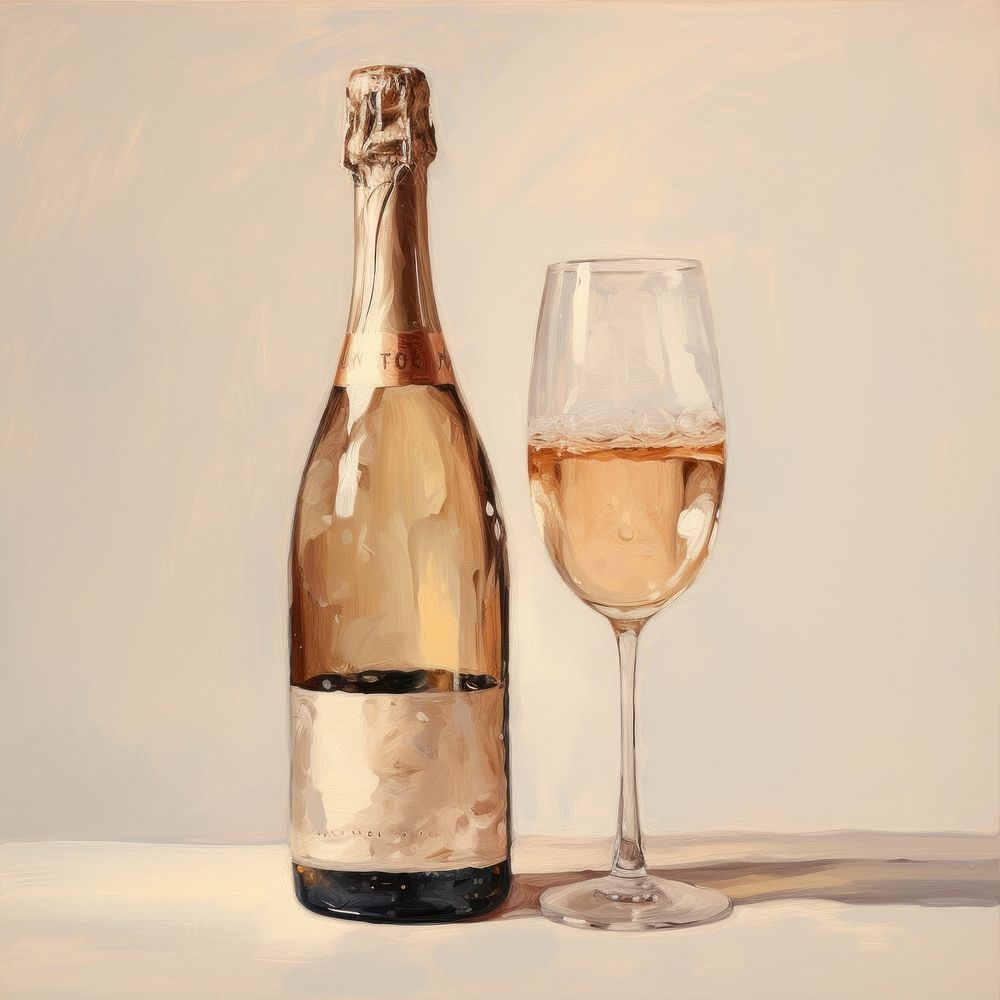 Oil painting of a close up on pale a champagne bottle cosmetics beverage.