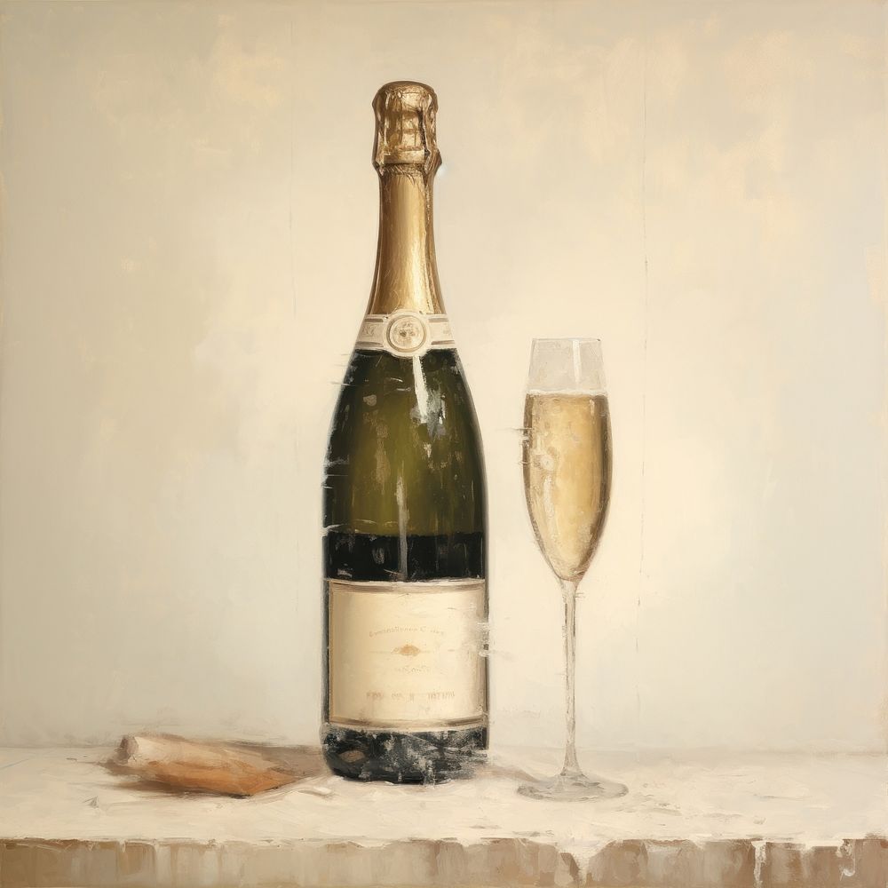 Oil painting of a close up on pale a champagne bottle beverage alcohol.