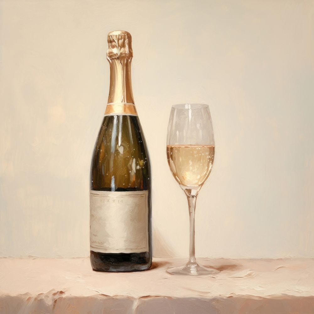 Oil painting of a close up on pale a champagne bottle cosmetics beverage.