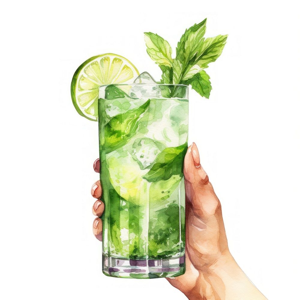 Woman hand hold mojito cocktail watercolor with difference design glass drink plant herbs.
