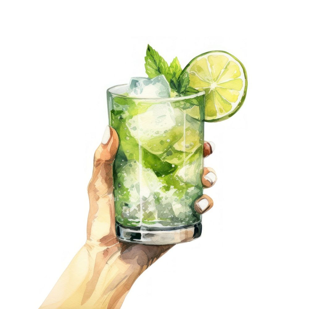 Woman hand hold mojito cocktail watercolor with difference design glass fruit drink plant.
