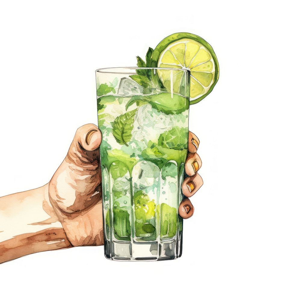 Hand hold mojito cocktail watercolor with difference design glass fruit drink herbs.