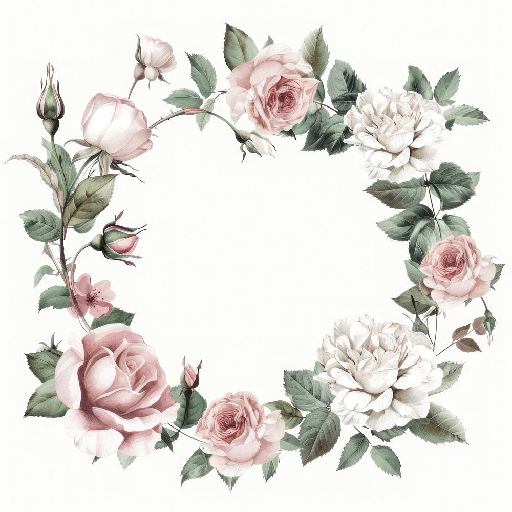 White rose circle frame watercolor pattern flower wreath.