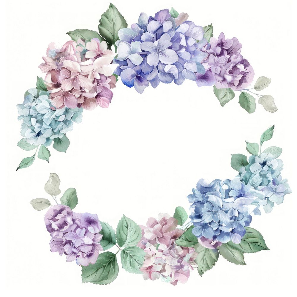 Hydrangea circle frame watercolor flower wreath lilac.