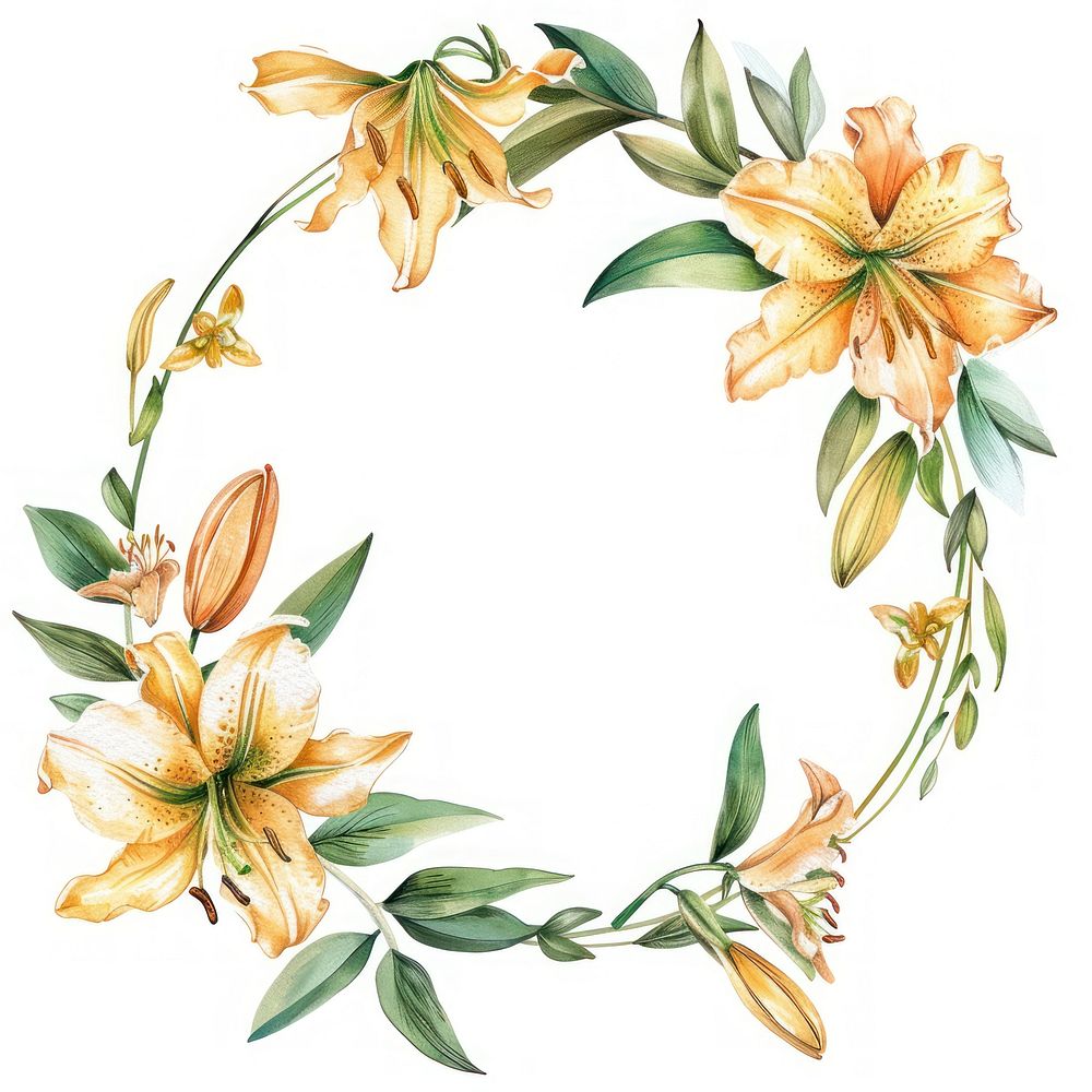Lily circle frame watercolor pattern flower wreath.