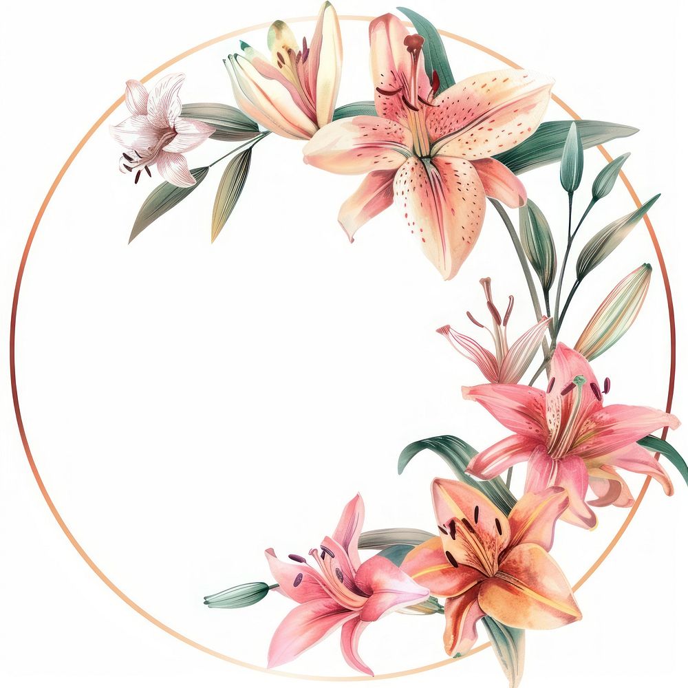 Lily circle frame watercolor flower plant white background.