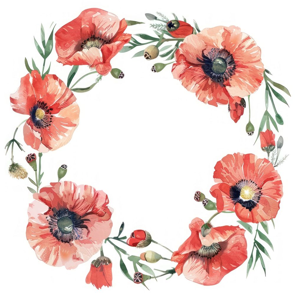 Poppy circle frame watercolor pattern flower wreath.