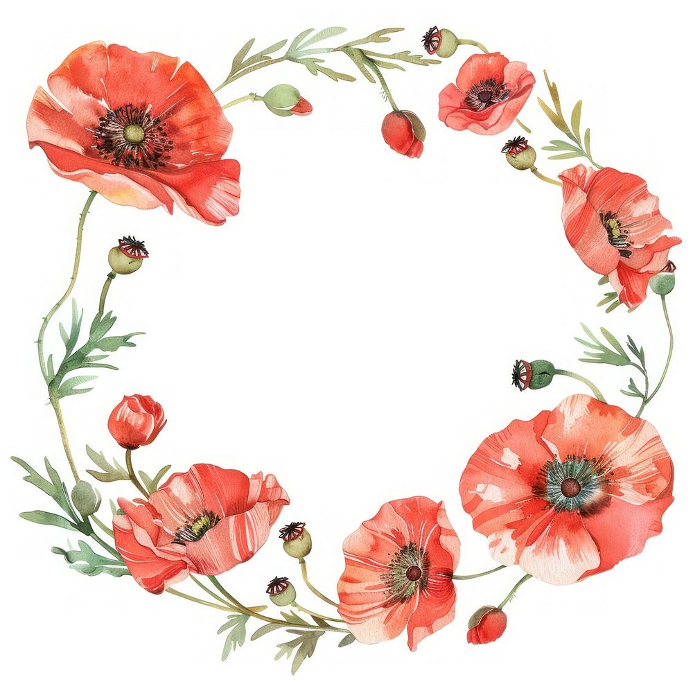 Poppy circle frame watercolor pattern flower wreath.