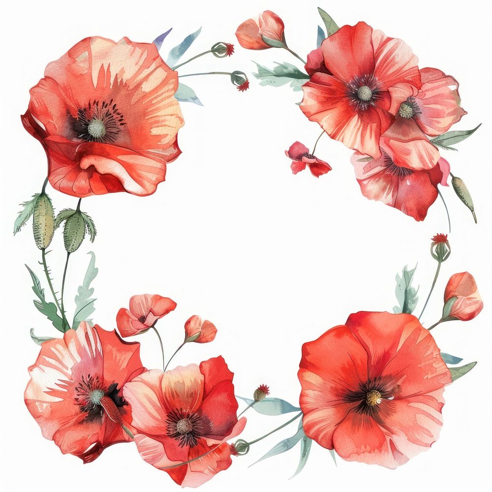 Poppy circle frame watercolor flower wreath petal.
