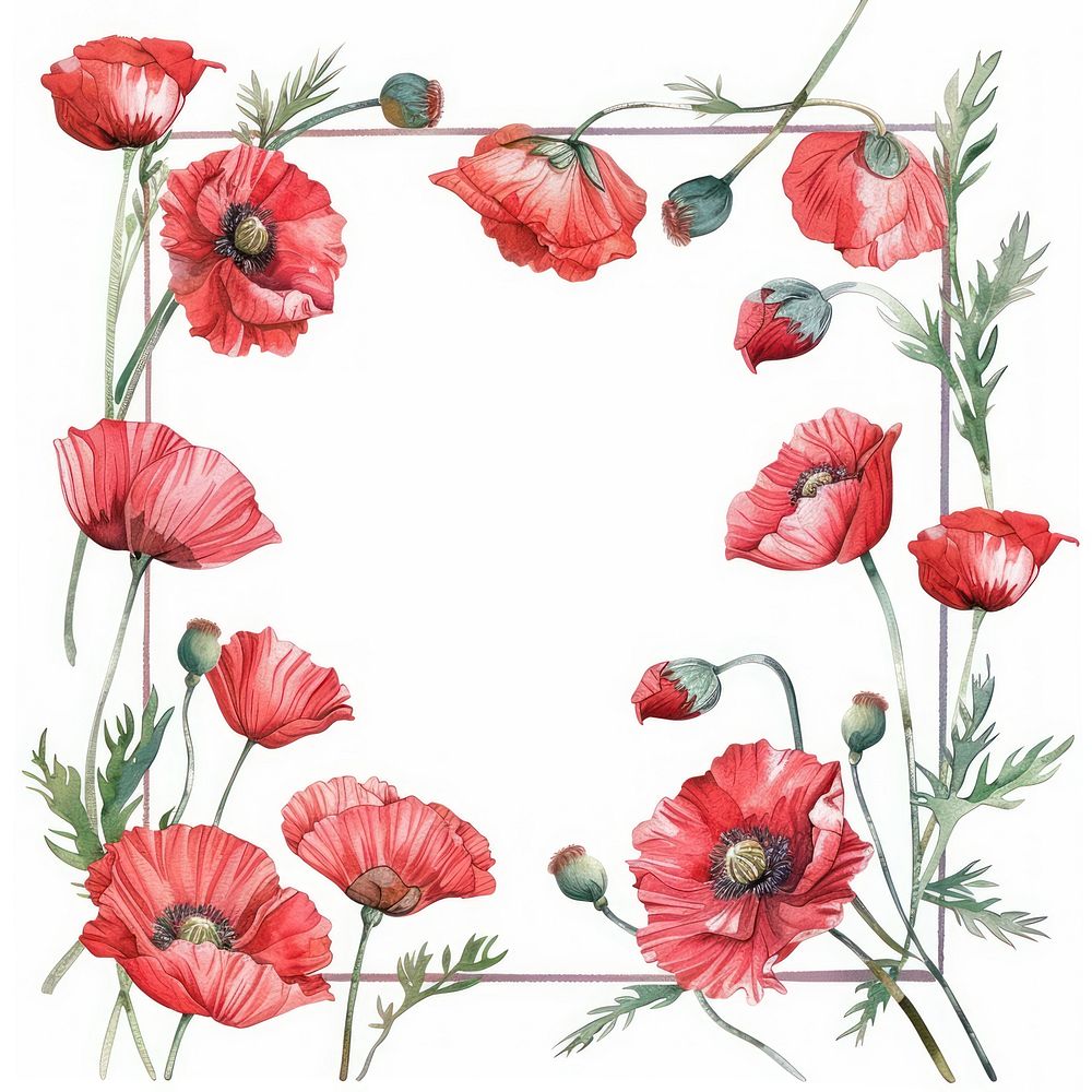 Poppy square frame watercolor flower plant inflorescence.