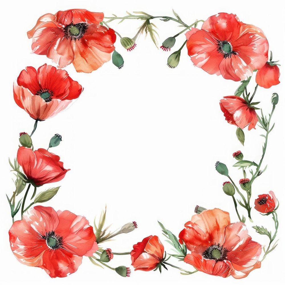 Poppy square frame watercolor pattern flower wreath.