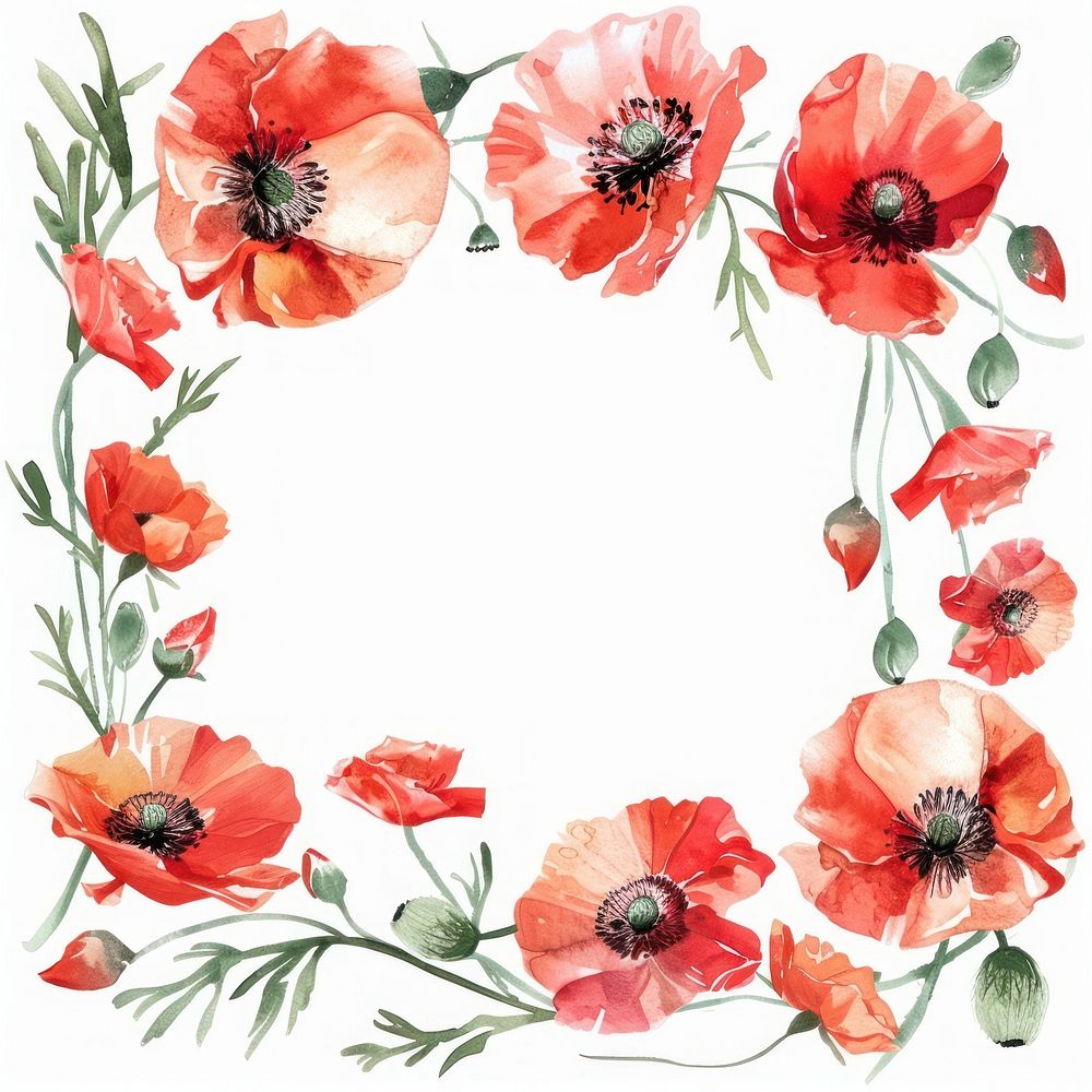 Poppy square frame watercolor flower wreath plant.