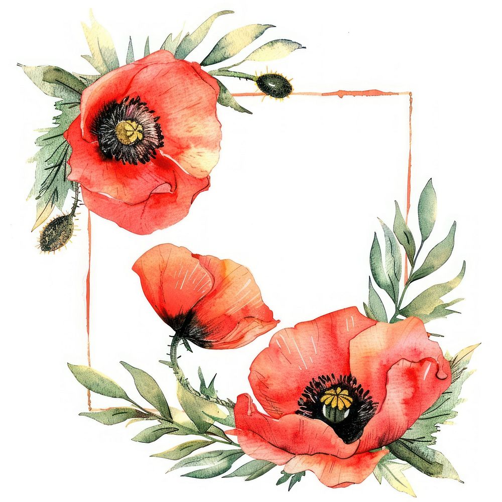 Poppy square frame watercolor flower wreath plant.